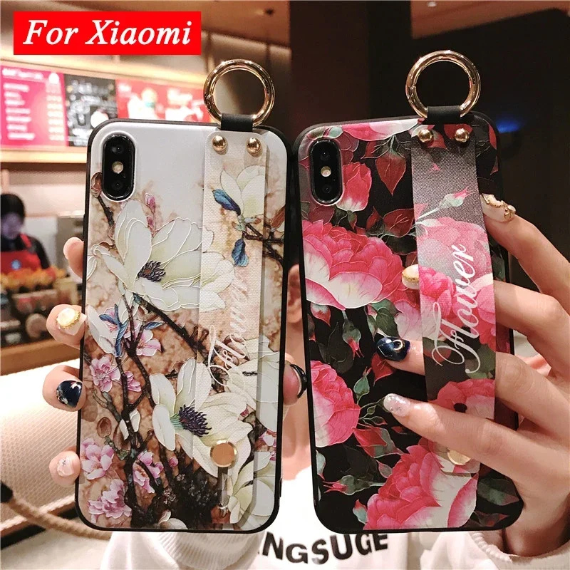 For Xiaomi Mi 14 Pro Poco X6 Pro M6 M4 M5 F5 Case Fashion Flower Hand Band Phone Holder Cover for Redmi Note 13 Pro Plus 5G 13C