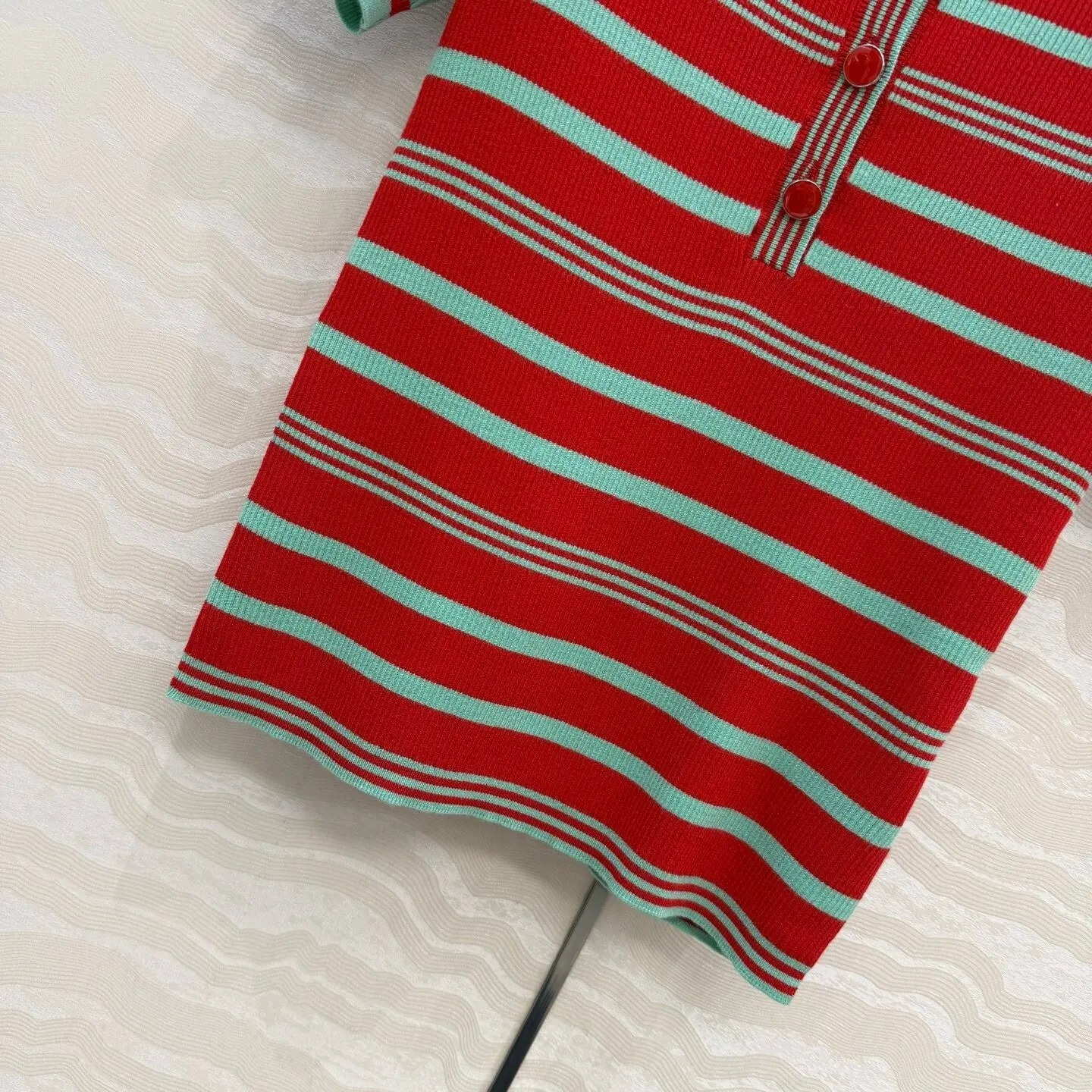 Women's Slim Fit Striped Knit T-Shirt, Round Neck Short Sleeve Button-Up Top