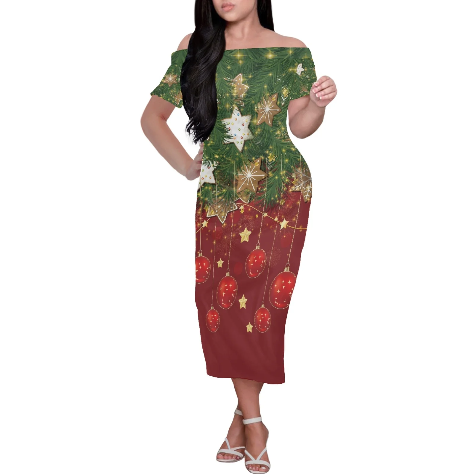 Red Elegant Balloon And Snowflake Party Dress Polynesian Christmas Elements Print Short Sleeved Off The Shoulder Sexy Dress