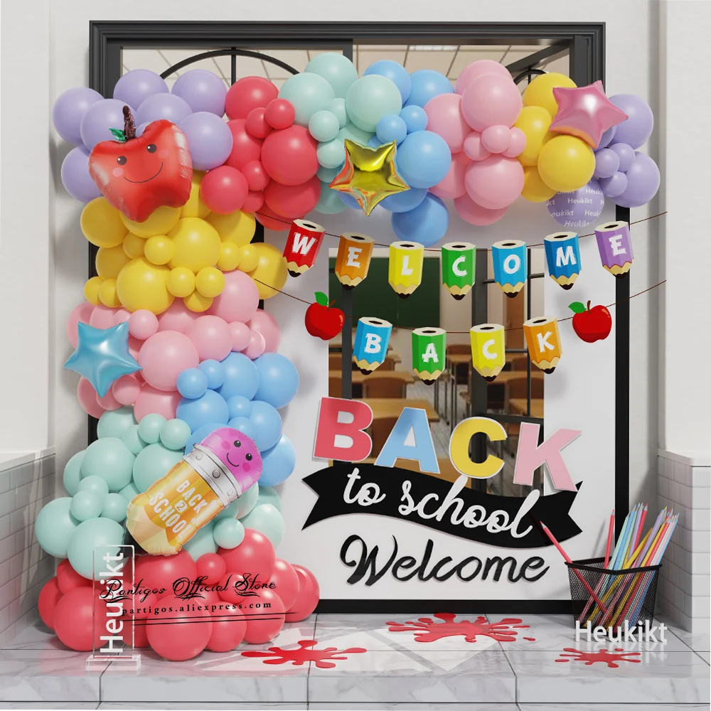 

138/140Pcs Back To school Balloon Garland Set Welcome Back Letter Apple Pencil Banner Star Foil Balloon Classroom Party Decor