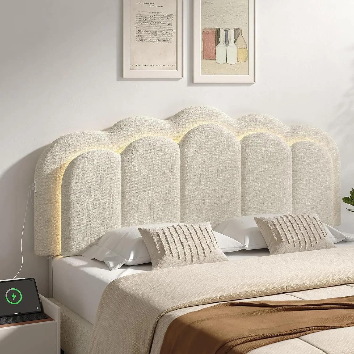 Upholstered Headboard Full Queen USB Type C Beige Adjustable Height 44.4-53.1 Inch Linen Wavy RGB LED Light Frame, Customized