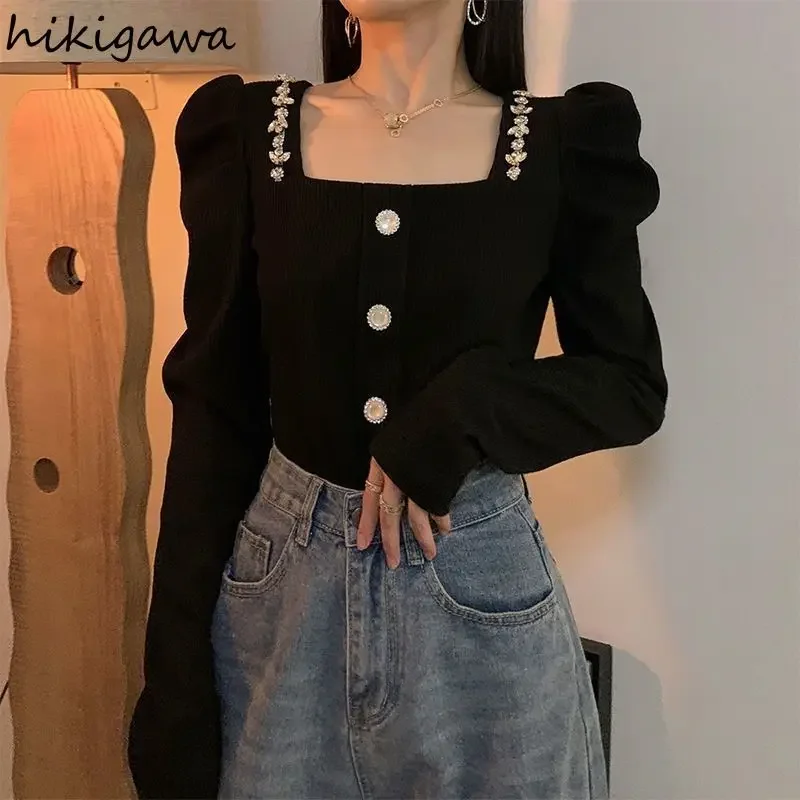 Vintage Camisas De Mujer Temperament Black Blouses for Women Square Collar Diamond Tunic Shirts Puff Sleeve Korean Blouse Tops