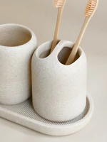 5Pcs Bathroom Accessories set Lotion Dispenser Toothbrush Holder Tray Tumbler Cup Soap Dish Beige and Grey 4