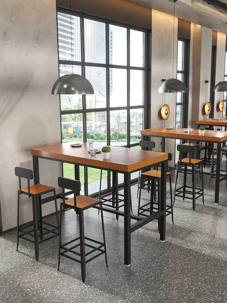 !@Coffee Shop Bar Table and Chair Combination Solid Wood Metal Frame Modern Commercial Living Room High Table