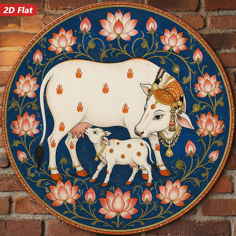 2D Flat Round Indian Holy Cow Lotus Vintage Metal Tin Sign Traditional Folk Art Wall Plaque for Home Temple Indoor Decor