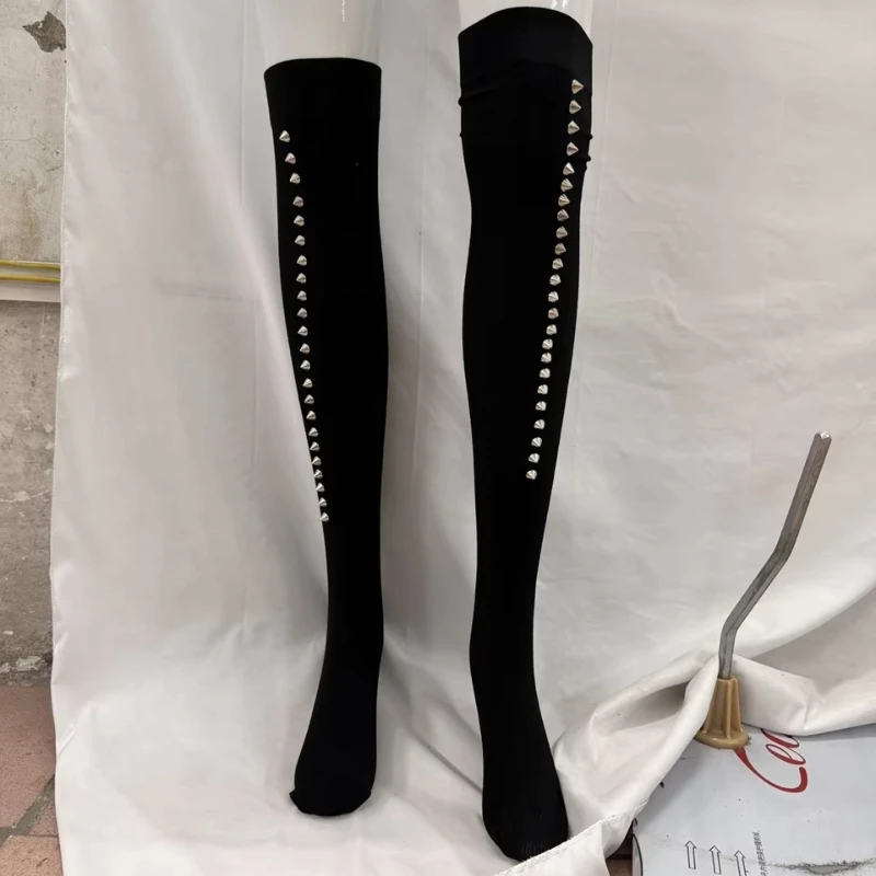 Punk Rock Studded Thigh High Socks Women Vertical Silver Rivet Detail Ribbed Knit Elastic Black Over Knee Gothic Long Hosiery