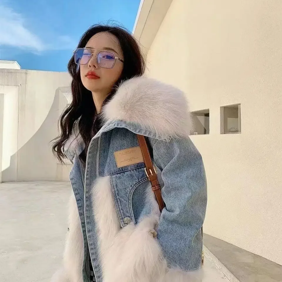 Winter Denim Stitching Faux Mink Fur Jacket Plus Velvet Thickening Warm Fox Fur Jean Coat Cotton Padded Liner Ins Cardigan Tops