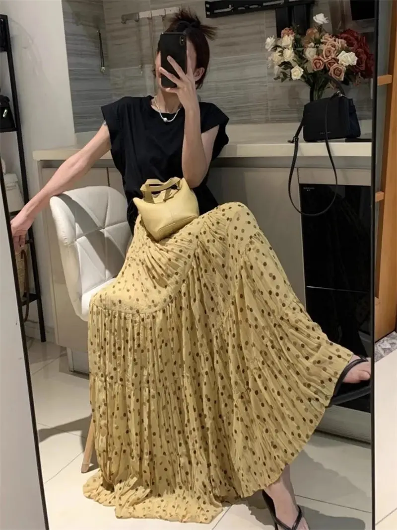 

Gentle Temperament Polka Dot Skirt For Women Summer 2025 High Waist Slim Versatile Chiffon Drap Medium Long A-Line Skirt G1199