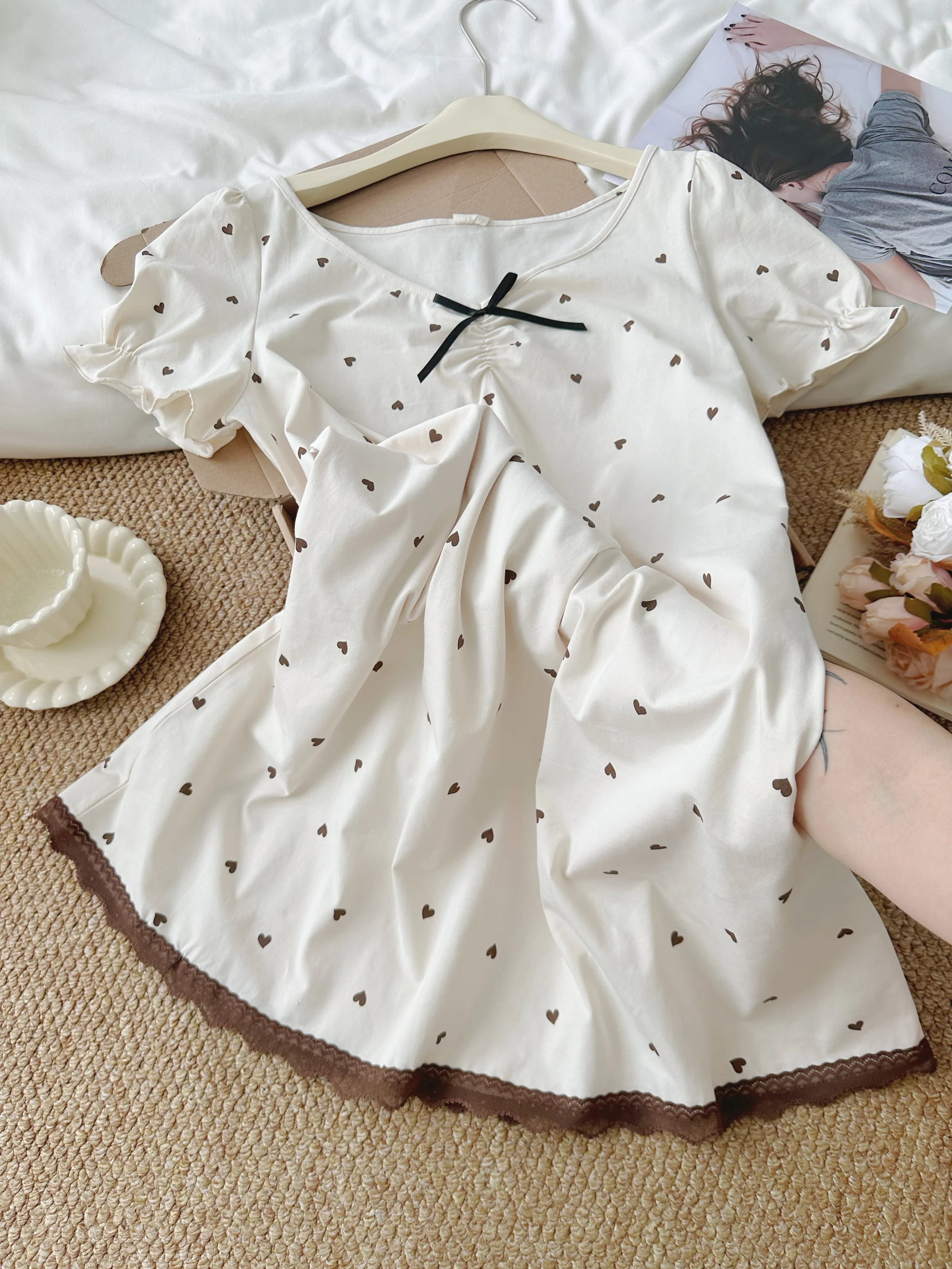 100% cotton sweet girl polka dot short-sleeved nightdress 2025 new loungewear casual thin bow dress
