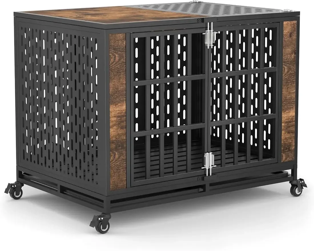 

42inch Heavy Duty Dog Crate, Escape Proof Large Medium Kennel for High Anxiety Dogs, Indestructible Pet Cage Indoor, R