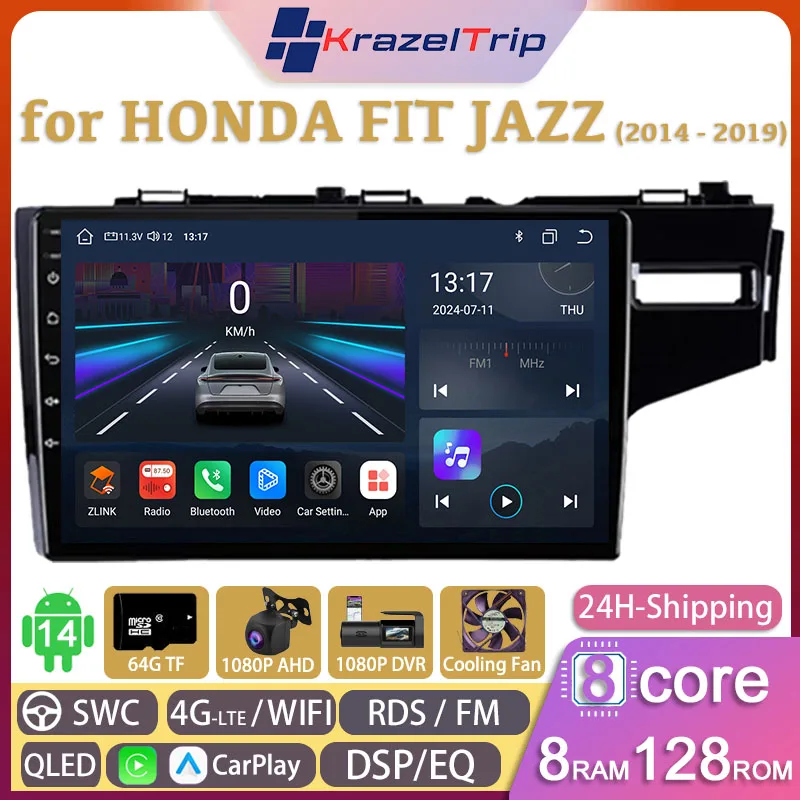 

8 Core Car Radio Stereo for HONDA FIT JAZZ 2014 2015 Carplay Android Auto GPS Navi 2 Din Autoradio 4G WIFI DVD RDS Audio QLED