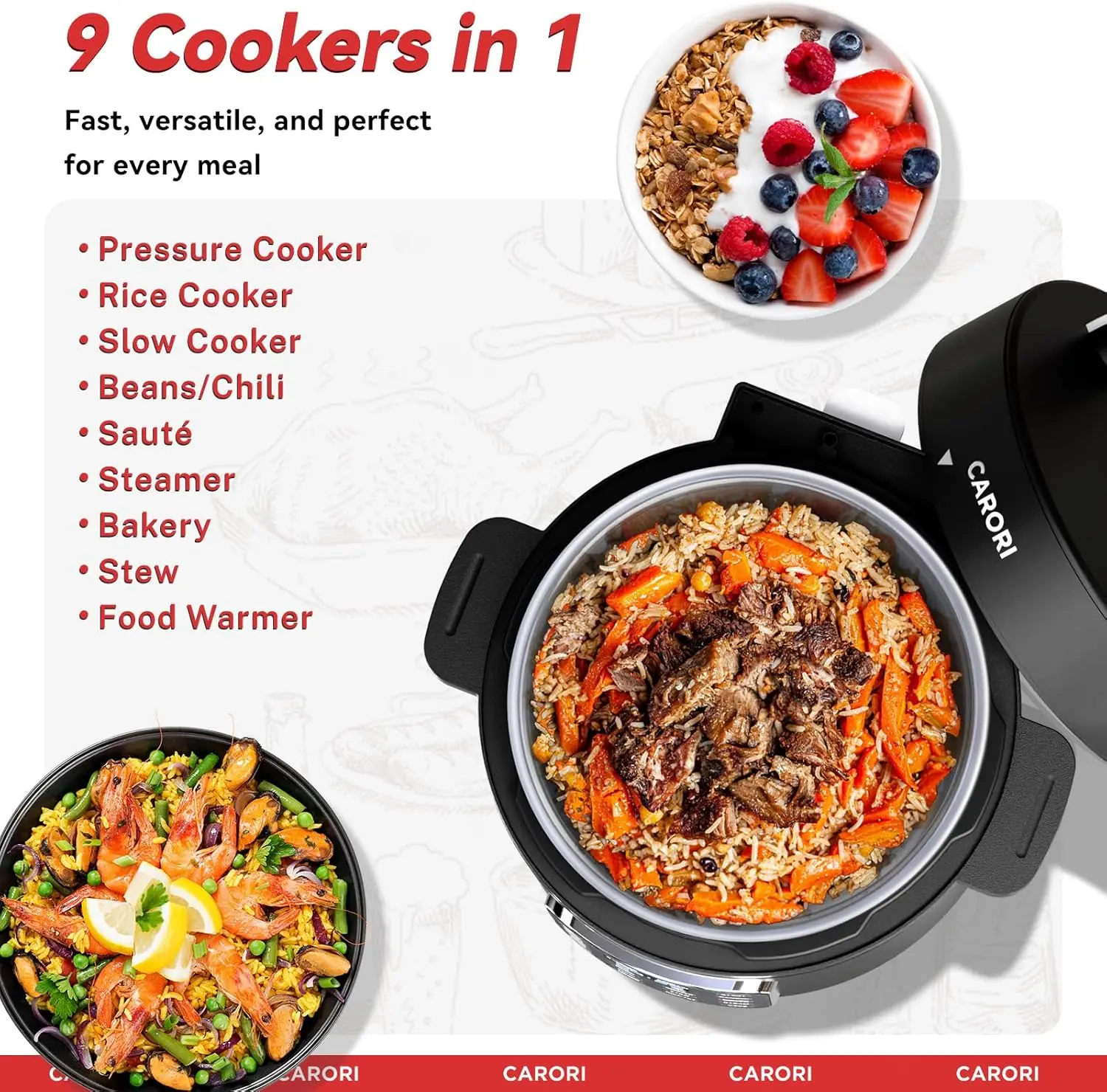 طنجرة ضغط كهربائية 9 في 1 سعة 6 كيو تي، وعاء داخلي من الفولاذ المقاوم للصدأ، 12 طباخ متعدد الوظائف قابل للبرمجة مع تصميم آمن للتنفيس، Ri