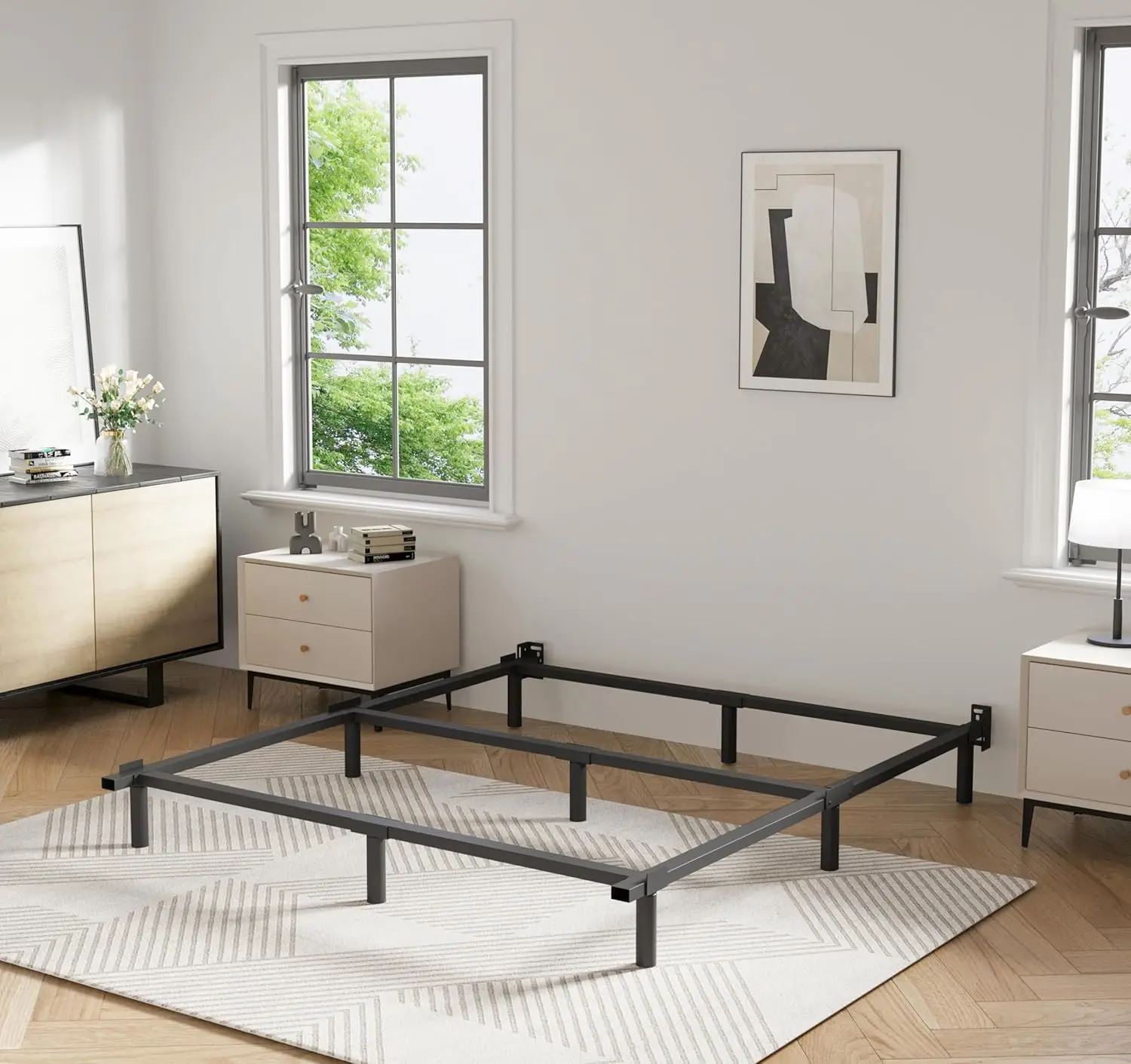 

Queen Size Metal Bed Frame with 9-Leg Support, Noise-Free Design, Easy Assembly for Box Spring - High Profile Black