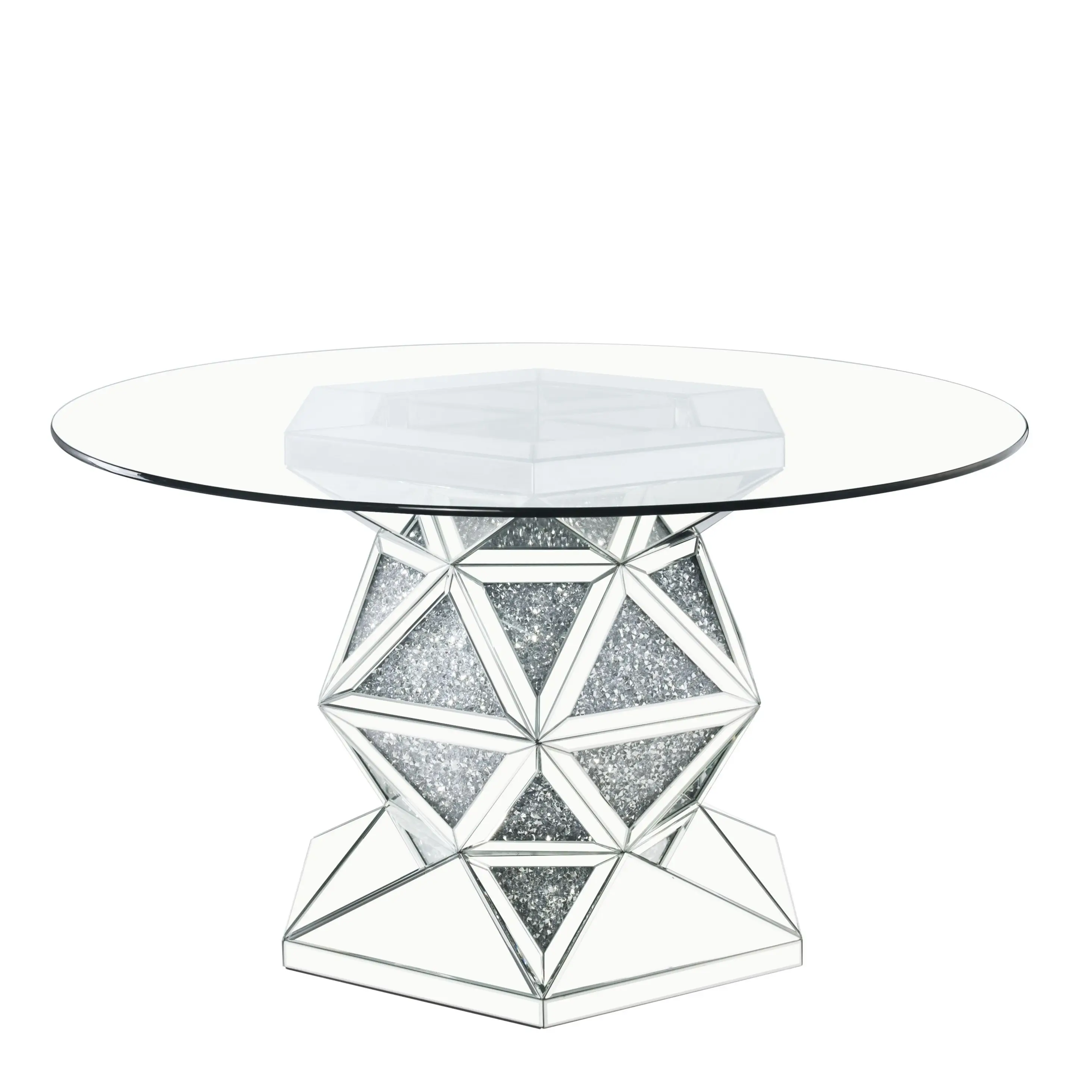 [Flash Sale]52Inch Round Glass Dining Table Noralie Dining Table Mirrored & Faux Diamonds Exterior[US-W]