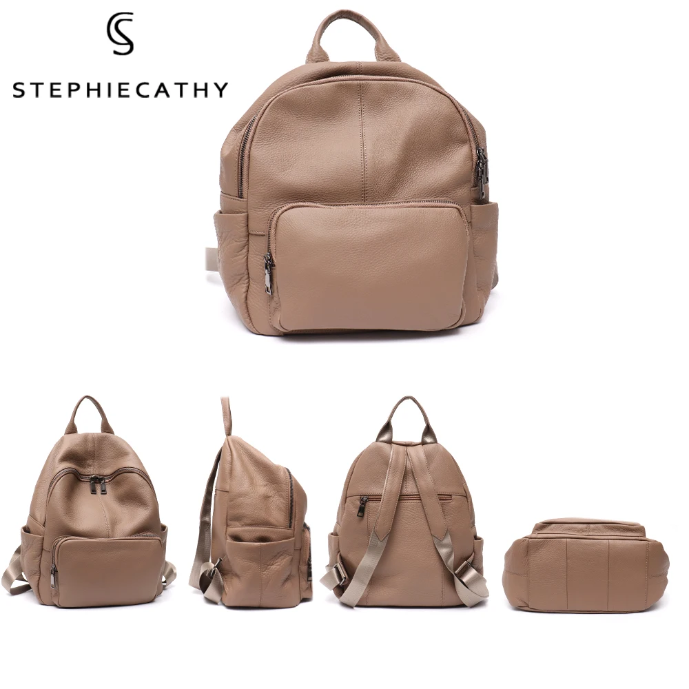 Fashionable Soft Real Cowhide Backpack Women Men Multi Zip Pockets Solid Color Versatile Daily Casual Spacious Knapsack Travel