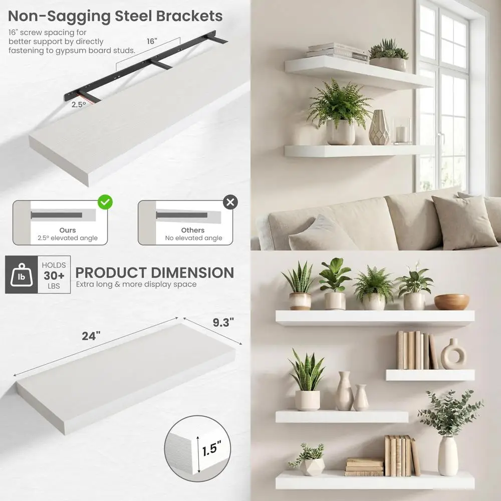 

24-Inch Floating Wall Shelves - White Set of 2 for Home Decor in Various Rooms