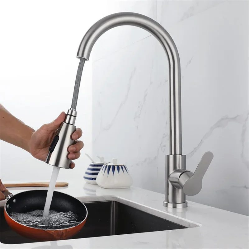 Brushed Kitchen Faucet Two Function Stream Sprayer Single Handle Pull Out Mixer Hot and Cold Water Taps Deck Mounted