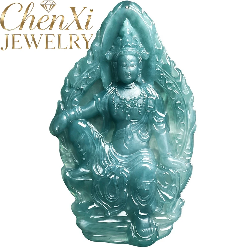 

High-End Natural A-Grade Blue Wate Ice-Grade Jadeite Guanyin Pendant Popular Quality Exquisite Jewelry Festival Gift Amulets