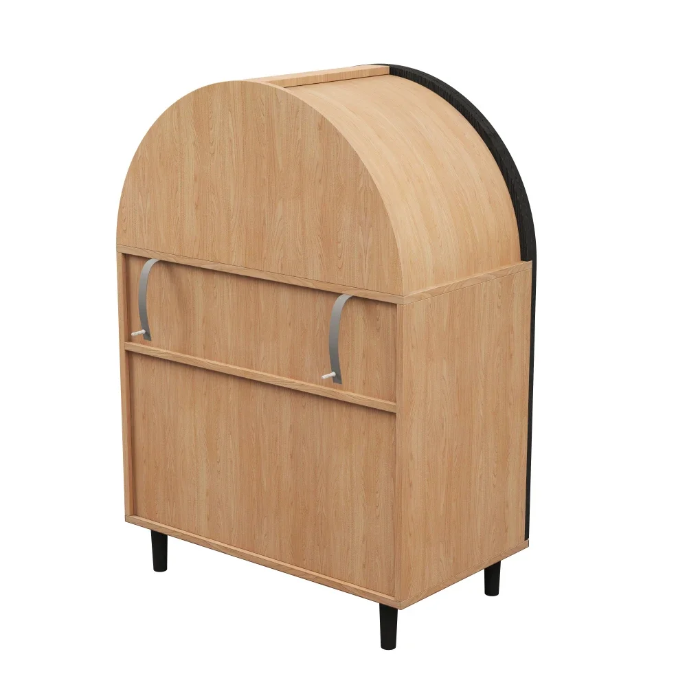 Elegantes Sideboard/Schuhschrank mit abgerundeten Außentüren, gebrochenen Rattan und drei Regalen. – Detail 17