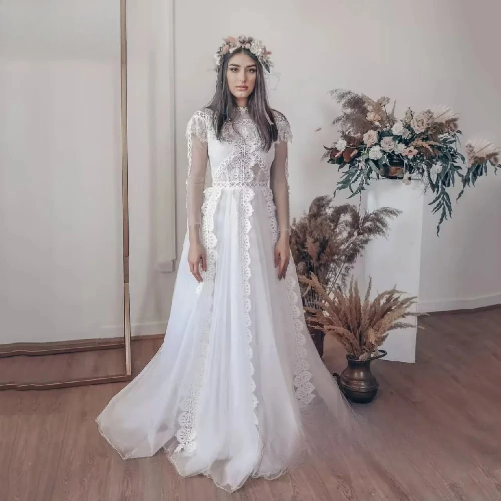 Lvory Tulle  A Line Boho Weddng Dress Full Sleeves Bridal Gowns Elegant Scoop Bride Dresses 2027 Customized
