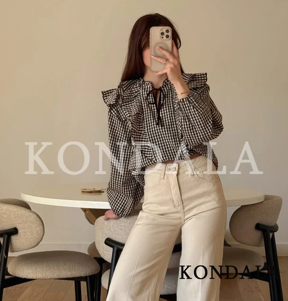 KONDALA Damen Pendler-Freizeithemden Elegantes Damenhemd mit Schnürung und Rüschen Kariertes Hemd Neu 2026 Frühling Sommer Mode Damen Alltagshemd