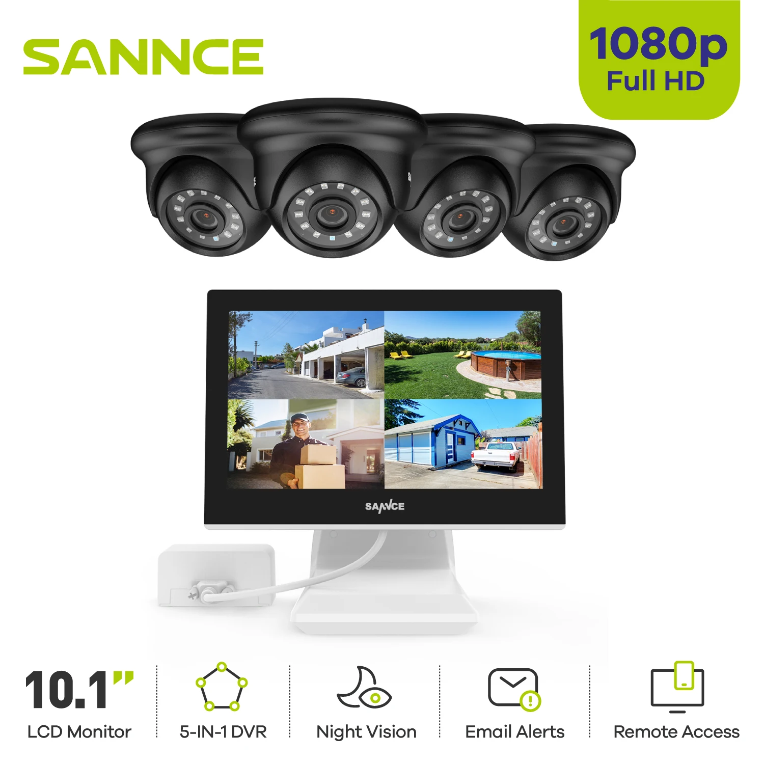 SANNCE 4CH Surveillance System 5in1 DVR 10.1" LCD Monitor 1080P Bullet Security Camera IR IP66 Outdoor Remote Monitor Camera Kit