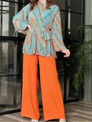 Autumn Fashion Pleated Elegant Long-sleeved Shirt High-waisted Wide-leg Pants Suit Womens New Muslim Print Casual 2 Piece Set
