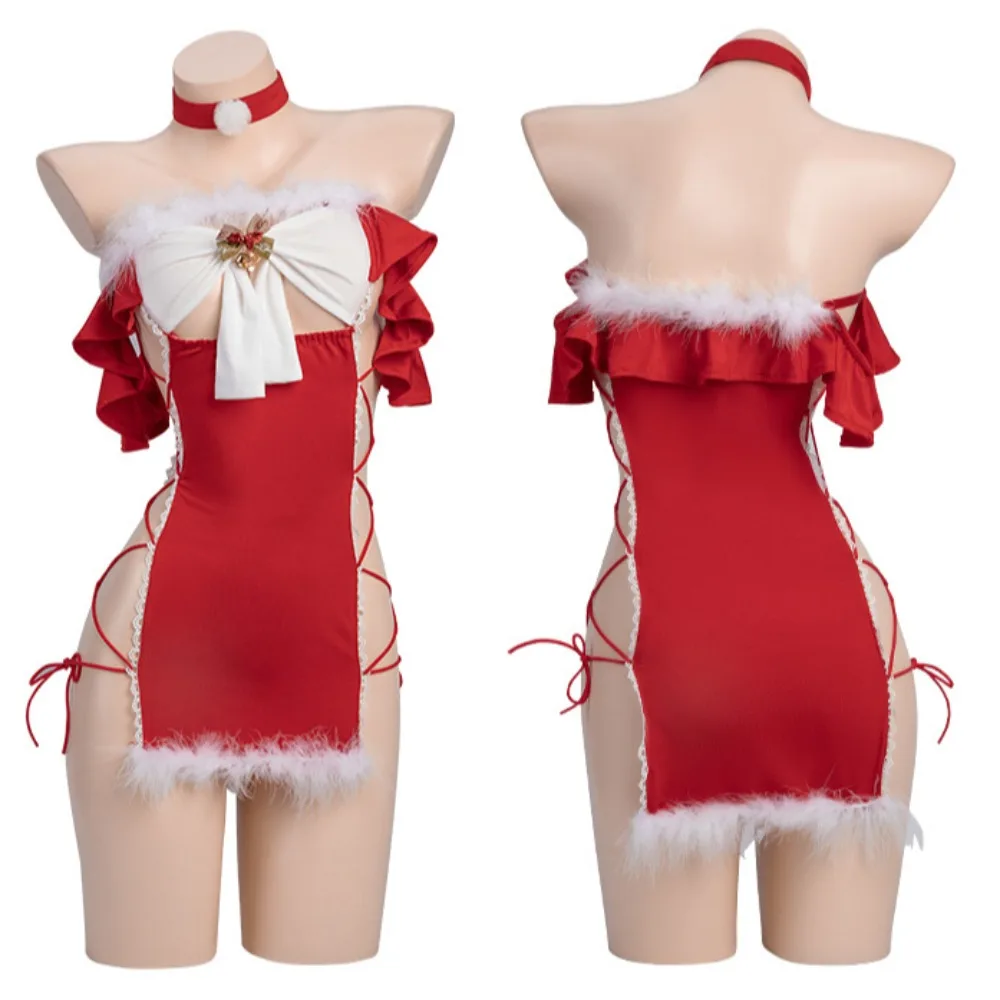 

Christmas Sexy Strapless Bandage Mini Red Dress for Women Cosplay Costume Hollow Bodycon Nightdress Role Play Underwear Lingerie