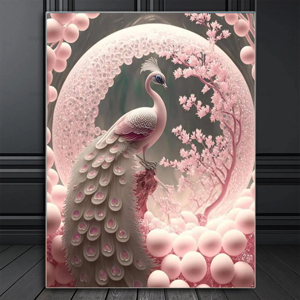 5D ダイヤモンド絵画 2026 ピンク孔雀クロスステッチ動物ダイヤモンド
