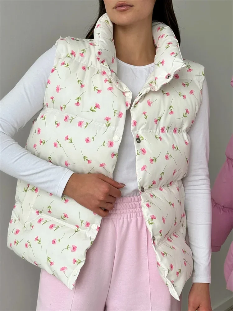 

Winter Printed Casual Vests Coat For Women Sleeveless Contrast High Waist Loose Streetwear New Female Outwear Vests