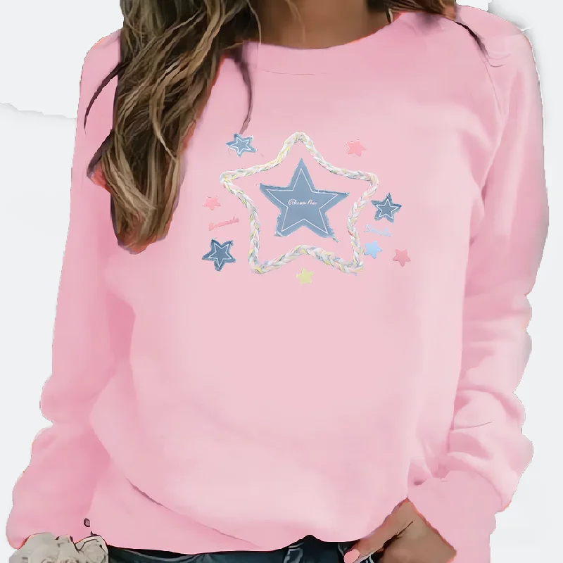 American-style retro star-patterned round-neck long-sleeved hoodie for women, a fashionable and casual sportswear piece.