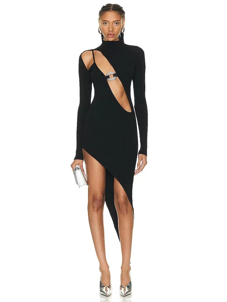 

2023 Women's Sexy Black Diamonds Hollow Out Split Irregular Bodycon Bandage Dress Elegant Party Celebrity Dresses Gown