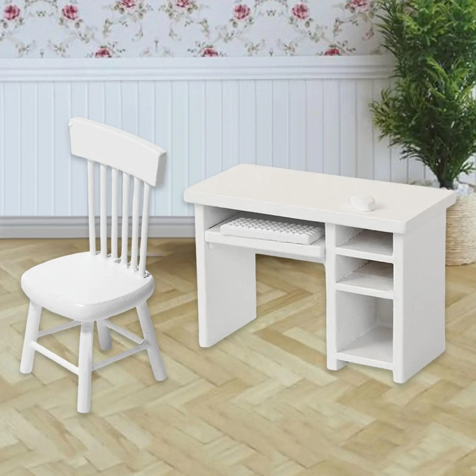 

1:12 Miniature Computer Desk and Chair Set Dollhouse Furniture Modern Wood Office Desk and Chair Children Toy Scene Kids Gift