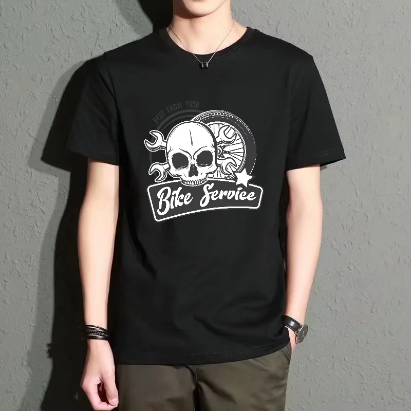 Men's Black Round-Neck Short-Sleeved T-Shirt, Skull Wrench Print Pattern, Street Fashion Casual Top, Suitable for Daily Outings and Cycling, Breathable and Comfortable.