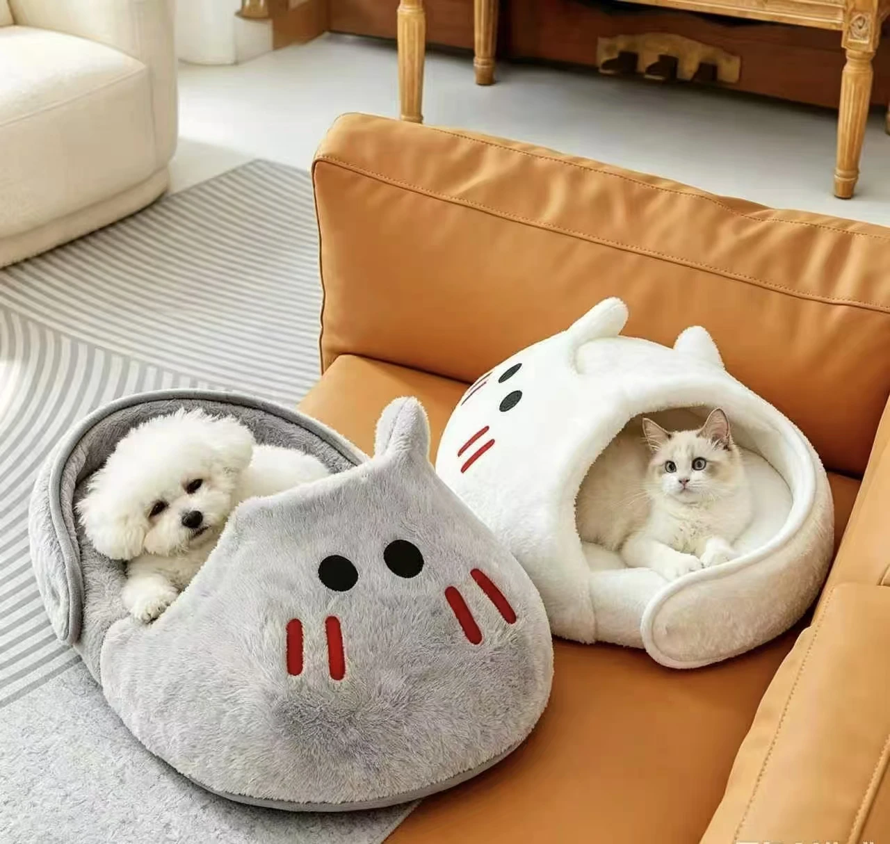 Semi‑Enclosed Slipper Cat Bed Soft Fluffy Warm Pet Nest Comfort Sleeping Cave House Non‑slip Kennel for Small Medium Cats Puppie