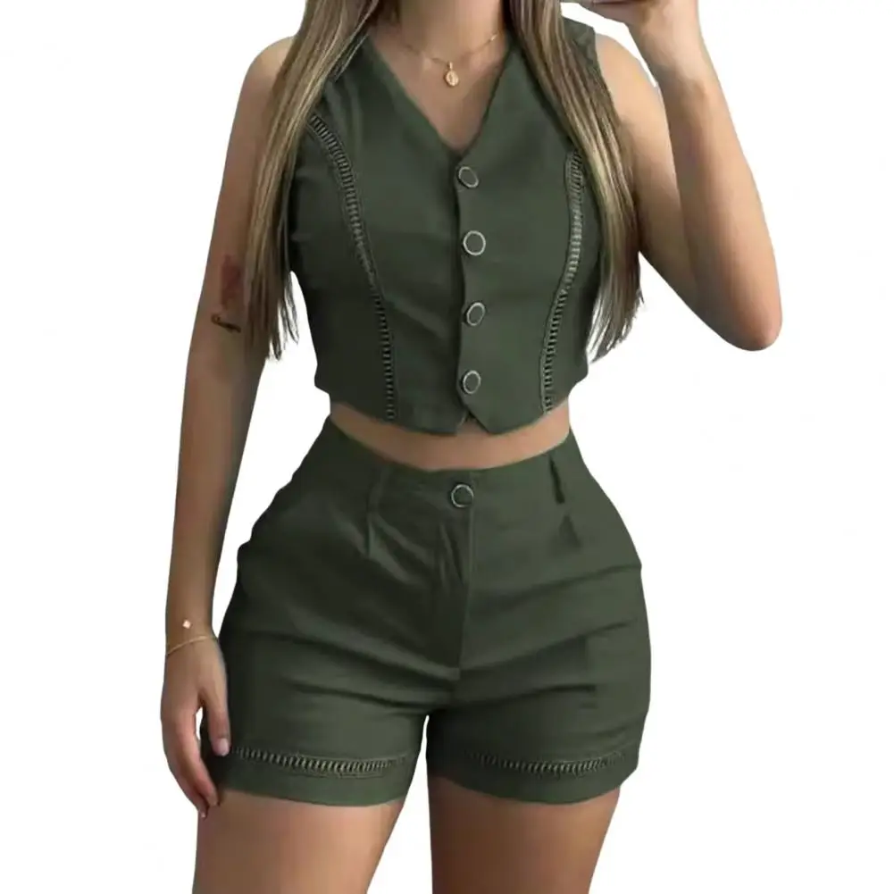 Women High-waisted Shorts Suit Chic Women's Vest Shorts Set Single-breasted Hollow Out V Neck Top High Waist Button for Vacation