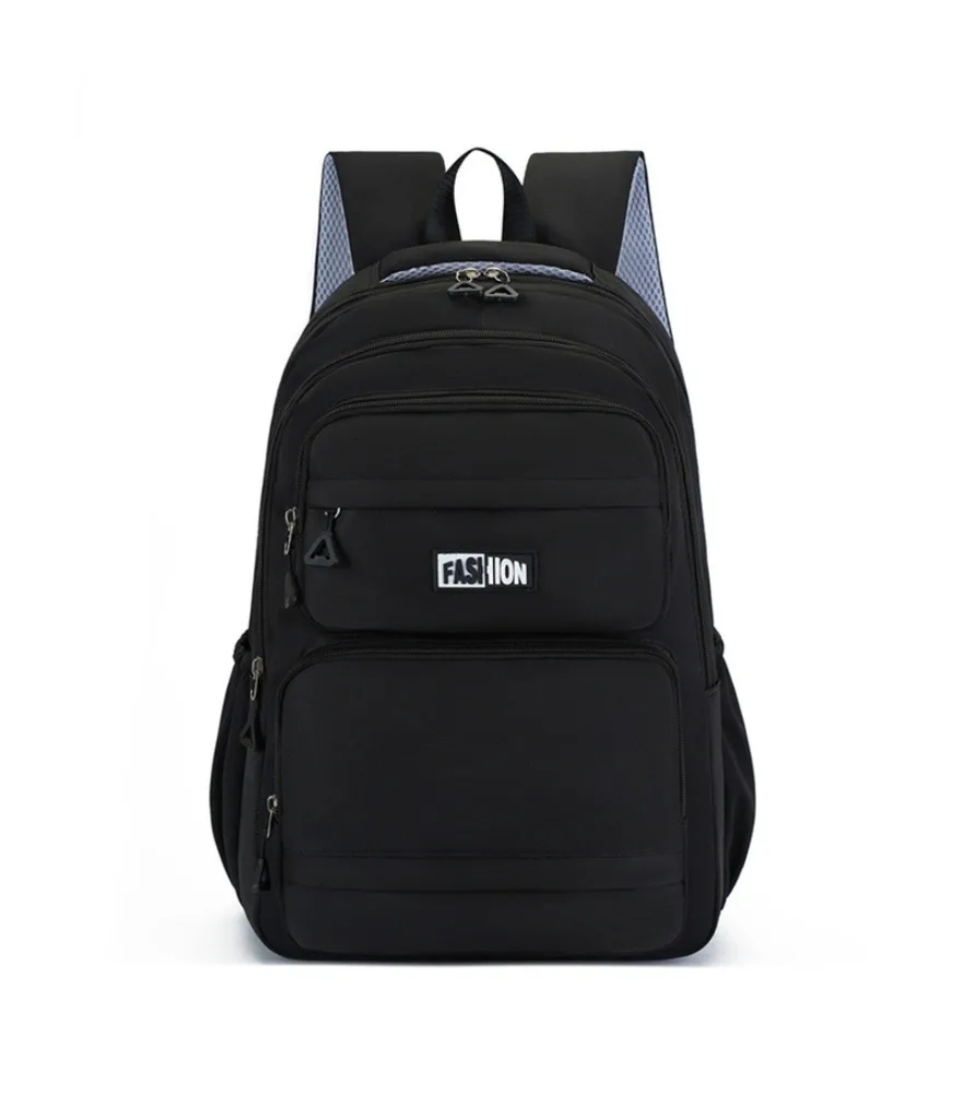 Black classic multi compartment backpack with fashion front label anti splash spacious inner space for student daily schooling