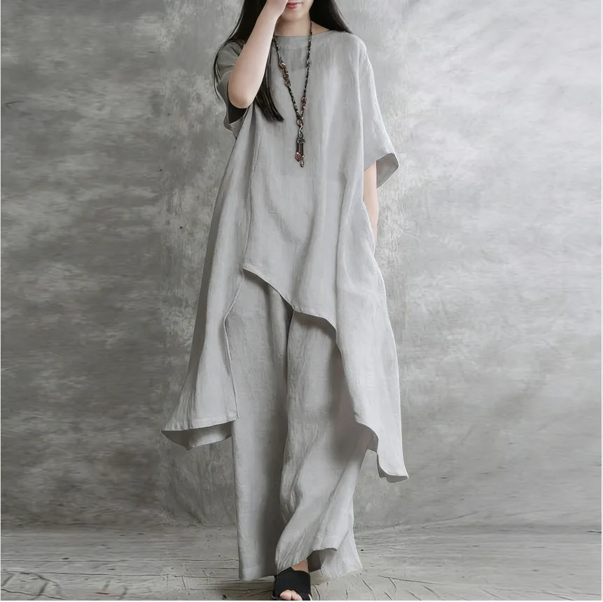 2-piece Sets Women's Cotton Linen Large Size Casual Wear Sportswear Suit Short-Sleeved O-Neck Top Wide Leg Pants Suits For Women