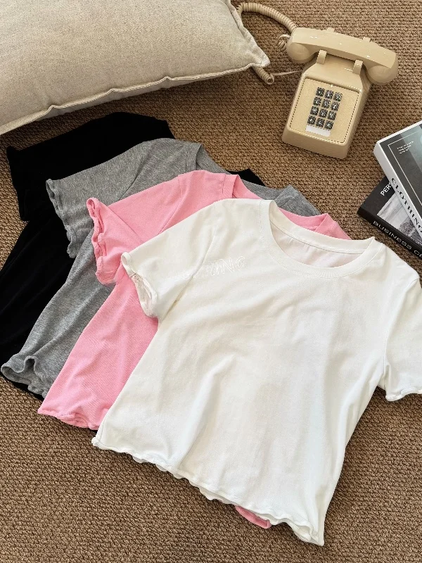 

JINGU Late Lotus Rain Wooden round Neck Short Sleeve T-Shirt Thin Fashionable Inner Wear Sweet Style Straight Cut Hanfu Top