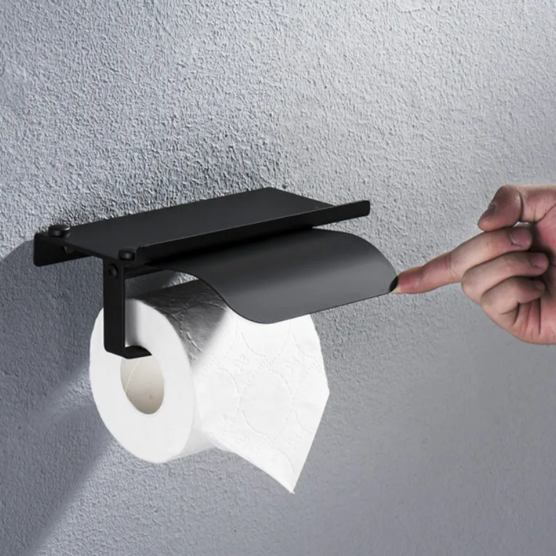 Black Bathroom Paper Towel Holder Stainless Steel Wall Mount with Phone Shelf Roll Bathroom Fixture Bathroom Accessories