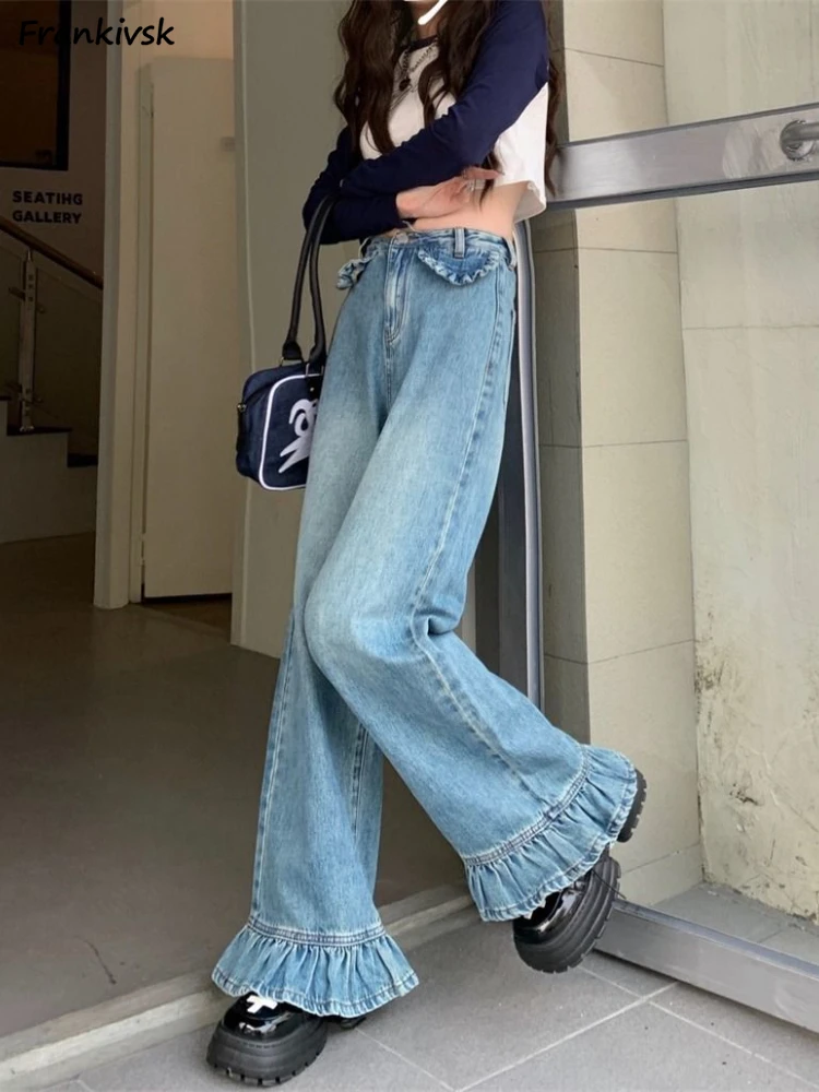 Ruffle Jeans Women Vintage American Style High Street Loose Hipster Y2k Denim Trousers All-match Flare Mopping Spring College