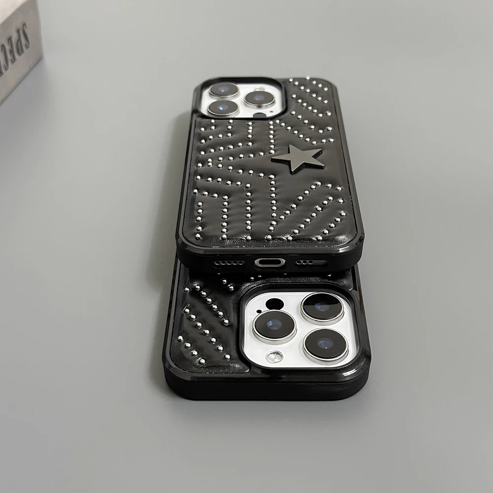 Modische Handyhülle mit silbernen Nieten und fünfzackigem Stern aus Leder, stoßfest, für iPhone 18 17 16 15 14 Pro Max 13, Schutzhülle – Detail 13