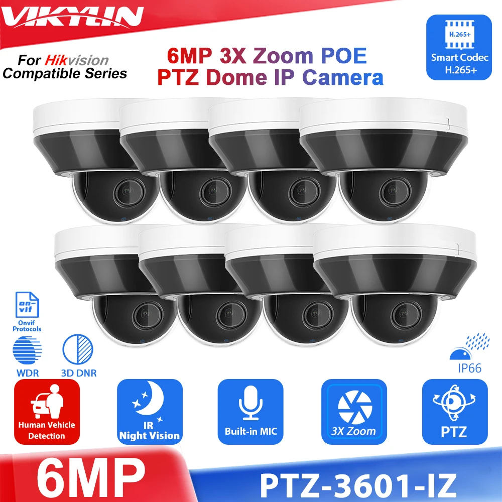 Vikylin Hikvision compatible 6MP POE 3X Zoom PTZ Dome IP Camera MD2.0 with MIC CCTV Outdoor Video Surveillance Security Camera