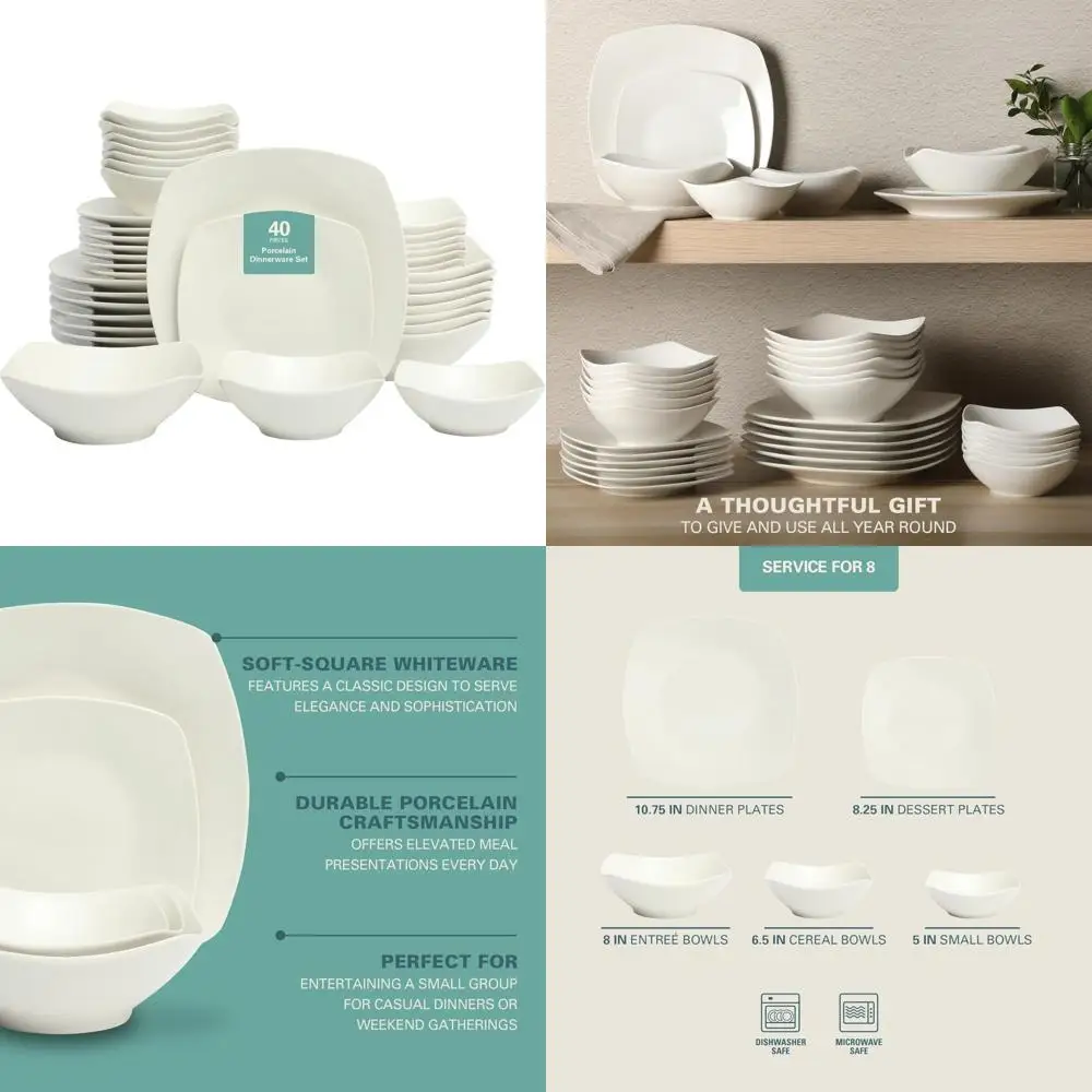 

Gibson Home Brentwood Collection: 40-Piece White Square Porcelain Dinnerware Set for 8, Dishwasher and Microwave Safe