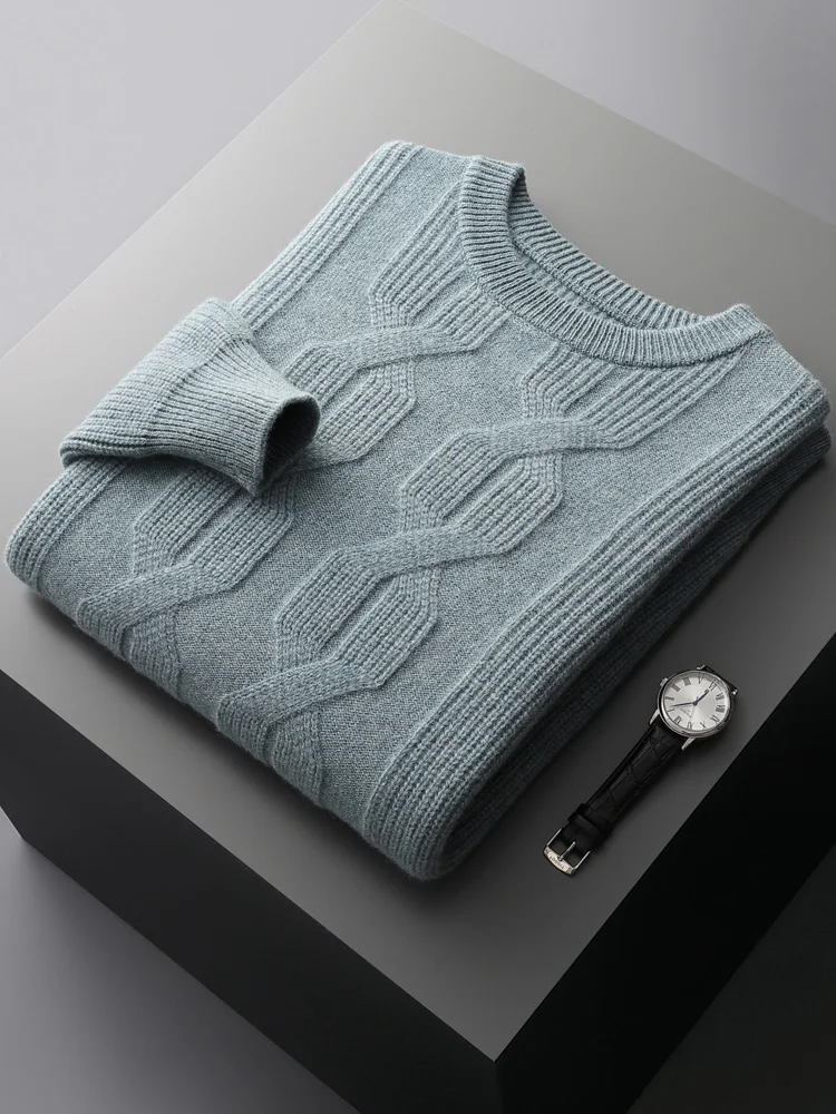 Трендовый осенне-зимний мужской свитер, пуловер из 100% мериносовой шерсти, вязаный, умный, повседневный, с круглым вырезом, с закрученным цветком, одежда в стиле ретро