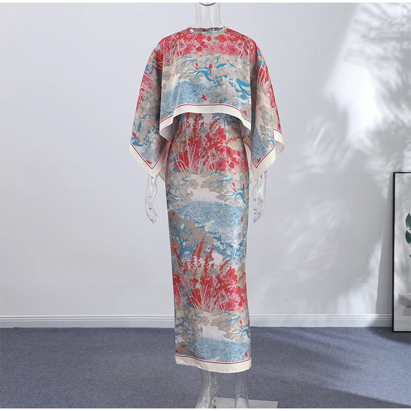 Women Tropical Leaf Print Cape Two Piece Set Batwing Loose Top High Waist Maxi Dress 2026 Summer Fashion Vacation Casual Suit