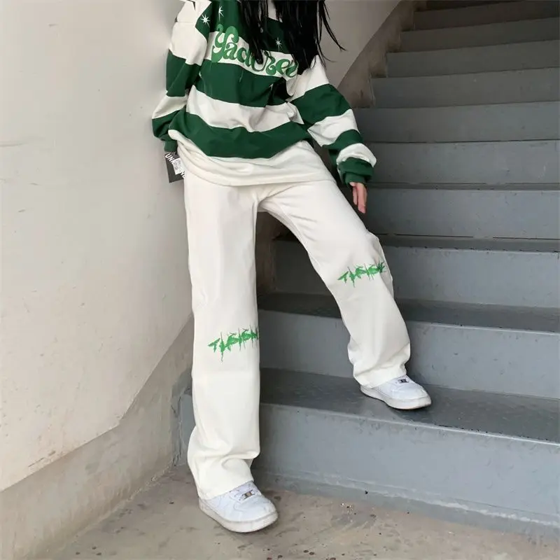 Hip Hop Fashion Women Letter Print White Jeans Spring Autumn Pants High Waist Streetwear Casual Loose Wide Leg Denim Trousers