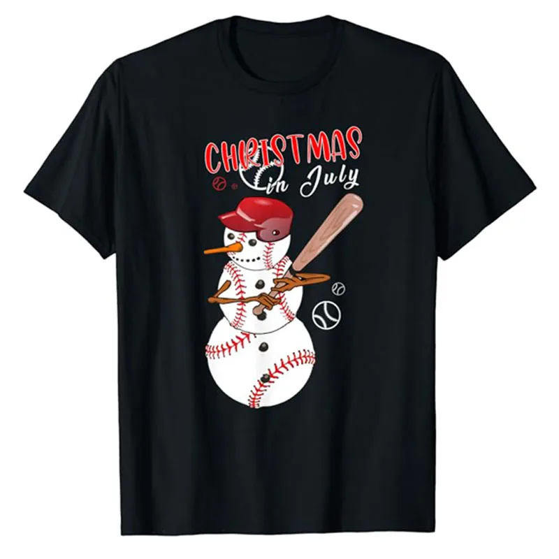 

Christmas in July for Baseball Fan Snowman, Snowman Baseball T-Shirt Gifts Xmas Costume Gifts Softball Lover Graphic Tee Tops