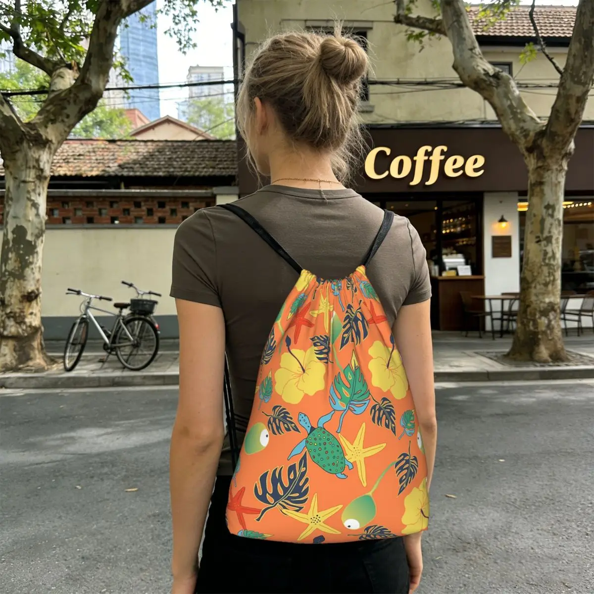 Tropical Flowers Turtles Starfish And Bows Backpacks Fashion Drawstring Bags Sundries Bag Book Bags for Travel School