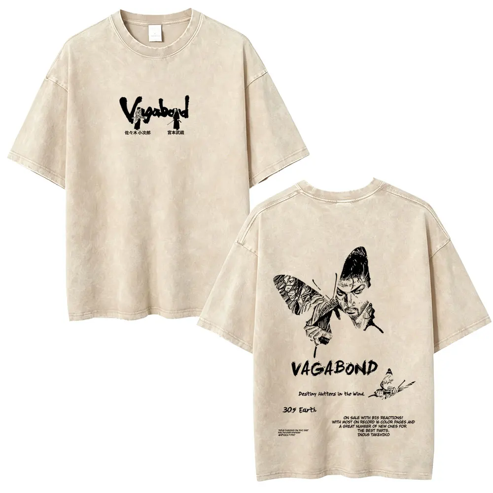 T-shirts vintage lavés pour hommes et femmes, avec motif papillon rétro, inspiré de l'anime Vagabond Miyamoto Musashi Destiny Flutters in The Wind